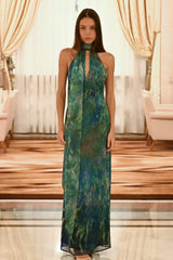 Sexy See Through Deep V Neck Maxi Dress Backless Sleeveless Lace Up Halter Robes Printed Party Vestidos 2025 New Lady Dresses