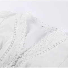 Elegant Lace Patchwork Hollow Out Dress Women Solid V-neck Long Lantern Sleeve Loose Dresses 2025 Spring Vacation Lady Robes