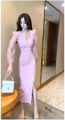 Gentle Temperament Slim Fit Dress with Women's Sleeves Square Neckline Pleated Solid Color Slimming Effect Medium Length Skirt
