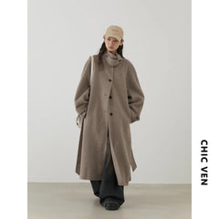 CHIC VEN Korean Women Woolen Coat Single Breasted Loose Stand Collar Belt Long Double-sided Ladies Overcoat Autumn Winter 2024