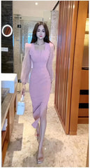 Gentle Temperament Slim Fit Dress with Women's Sleeves Square Neckline Pleated Solid Color Slimming Effect Medium Length Skirt