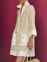 Yeezzi Women Shirts Dress 2025 New Spring Long Sleeve Fashion Contrast Color Pockets Buttoned Elegant Party Evening Mini Dresses