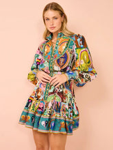 2025 printed round neck cinched waist strap pleated ruffle edge retro pleated dress cardigan temperament versatile dress