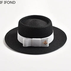 NEW Spring Summer Straw Hats for Women Round Bumpy Surface Flat Top Bowknot Dress Cap Travel Beach Sun Hat Gorra