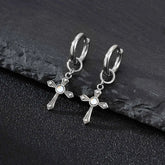 Punk Men's Huggies Earrings,Vintage Long Chain Stainless Steel Ear Drop,Stylish Cross Earring Gift
