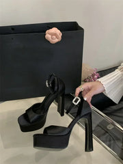 Liyke Runway Style Black High Heels Platform Sandals For Women Cozy Silk Square Toe Buckle Strap Lady Party Dress Shoes Size 40