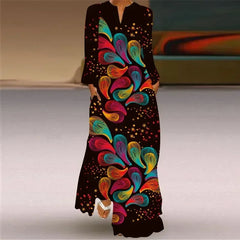Women's Maxi Dress Printed Retro Fashion y2k vestidos Long Sleeve Loose Robe S-5XL