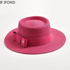 NEW Spring Summer Straw Hats for Women Round Bumpy Surface Flat Top Bowknot Dress Cap Travel Beach Sun Hat Gorra