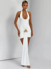 Mozision Metal Flower Draped Ruched Sexy Mini Dress Women Robe Fashion Halter Backless Sleeveless Bodycon Club Party Dress New