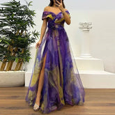 Women 2025 Pattern High Waist Party Dress Sexy Slit Mesh Cocktail Gala Dress Fashion One Shoulder Female Pleated Evening Dress