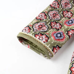 Winter Green Flower Print V neck Quilted Jacket Ethnic Women Tie Bow Sashes Quilting Full Sleeve Coat BOHO Midi Outerwear