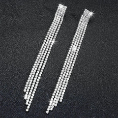 TREAZY Shiny 4 Lines Rhinestone Crystal Tassel Long Earrings for Women Wedding Party Hanging Dangle Earrings Bridal Brincos