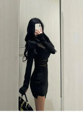 Pile Up Sleeves New Sexy Black Fishbone Dress Personalized Slim Women Dress Thin Gauze Perspective Wrap Around Buttocks F8Q3