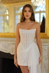 Kyoto Customized Ivory Strapless Pearls Pleated Mini Wedding Dress Asymmetrical Sleeveless vestidos de novia For After Party