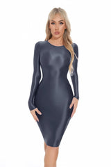 Sexy Women Oil Glossy Shiny Tight Pencil Dress Stain Smooth Bodycon Dress Elastic Push Up Packet Hip Stretch Step Dress