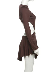 Whatiwear Hollow Waistless Dress Women Skew Collar Off Shoulder Full Sleeve Rings Patchwork Ruched Elegant Fashion Mini Bodycon