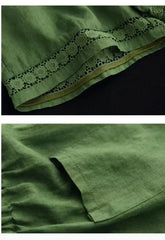 Cotton Linen Vintage High-Waist Elastic New Style Tie-Belt Embroidered Hollow Casual Straight Shorts