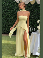 Butter Yellow Mesh Splicing Long Dress Elegant Strapless Split Backless Pleated Gowns For Women 2025 Lady Evening Party Gowns
