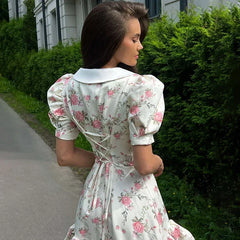 Puff Sleeve V-Neck Mini Dress | Printed Ruffled Pearl Button Dress - Femstylo