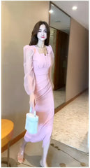 Gentle Temperament Slim Fit Dress with Women's Sleeves Square Neckline Pleated Solid Color Slimming Effect Medium Length Skirt