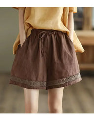 Cotton Linen Vintage High-Waist Elastic New Style Tie-Belt Embroidered Hollow Casual Straight Shorts