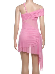 kliou Asymmetrical Slash Neck Women Mini Dress Solid Sexy Unique Mesh Pleated Ribbons Bodycon Mujer Concise Hipster Party Frock