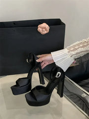 Liyke Runway Style Black High Heels Platform Sandals For Women Cozy Silk Square Toe Buckle Strap Lady Party Dress Shoes Size 40