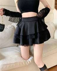 Y2K Sweet Solid Women Mini Skirt Summer High Waist Lace Patchwork Ladies Ball Gown Fashion All Match Ruffles Female Skirt