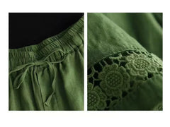 Cotton Linen Vintage High-Waist Elastic New Style Tie-Belt Embroidered Hollow Casual Straight Shorts