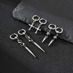 Punk Men's Huggies Earrings,Vintage Long Chain Stainless Steel Ear Drop,Stylish Cross Earring Gift