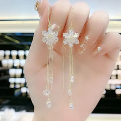 Green Shiny Zircon Flower Drop Earrings For Women Luxury Crystal Long Tassel Ear Line Hanging Earring Girls Wedding Jewelry Gift