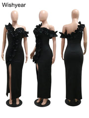 Sexy Night Sleeveless Off Shoulder Wooden Ear Edge Ruffles Bodycon Split Red Midi Dress Women Evening Birthday Party Vestidos