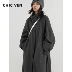 CHIC VEN Korean Women Woolen Coat Single Breasted Loose Stand Collar Belt Long Double-sided Ladies Overcoat Autumn Winter 2024