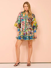 2025 printed round neck cinched waist strap pleated ruffle edge retro pleated dress cardigan temperament versatile dress