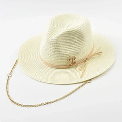 Fashionable Metal RB Letter Straw Hats for Women Men Summer Panaman Jazz Hat Outdoor Holidays Beach Sun Hat