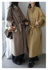 CHIC VEN Korean Women Woolen Coat Single Breasted Loose Stand Collar Belt Long Double-sided Ladies Overcoat Autumn Winter 2024