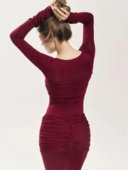 Tossy Female Pleated Sexy Maxi Dress Patchwork Twist Slim Long Sleeve Solid Y2k Autumn Streetwear Dress Women's Bodycon Dress