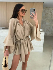 Elegant Fold Dress Women Brown Deep V-neck Long Sleeve Mini Dresses Female 2025 Spring Summer Fashion Loose Lady Vestidos