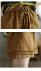Cotton Linen Vintage High-Waist Elastic New Style Tie-Belt Embroidered Hollow Casual Straight Shorts