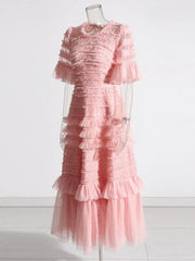 Patchwork Edible Tree Fungus Elegant Dresses For Women Round Neck Short Sleeve High Waist Temperament Dress Female Fashion