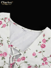 Clacive Summer Slim Print Women's Dress 2024 Sexy V-Neck Short Sleeve Mini Dresses Elegant High Waist Pleated Female Dress