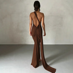 Hugcitar One Shoulder Backless Adjustable Scarf Loop Ruched Sexy Maxi Dress Women Elegant Y2K Streetwear Festival Outfit