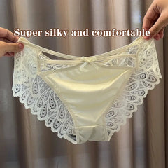 Plus Size Silk Shorts Sexy Lady Lace Hollow Breathable Satin Panties Women