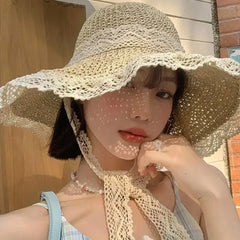 Summer Women's Lace Straw Beach Hat Foldable Sun Hat with Wide Brim Fresh Stylish Sunblock Shade Hat Perfect for Travel Holiday