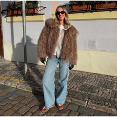 Warm Fluffy Faux Fur Cardigan Coats Women's Winter Turn-down Collar Full Sleeve Overcoat 2025 Autumn New Lady Solid Streetwear