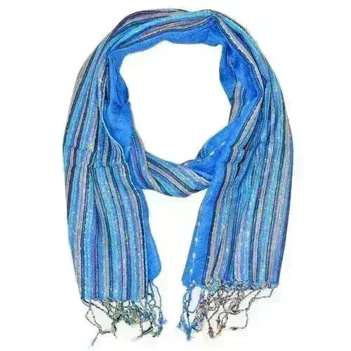 Blue Cotton Lurex Shimmering Stripes Scarf - Femstylo