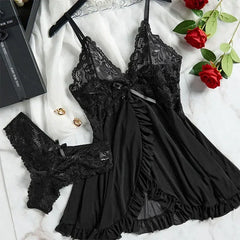 2 Pcs Set Sexy Lingerie Set Women Deep V Slip Dress Thong Erotic Bra Panty Sets Lace Nightdress Transparent Soft Nightgown