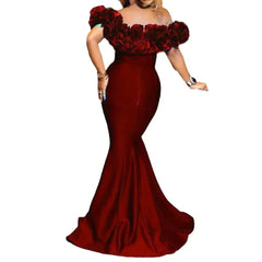 Women Strapless Sleeveless Ruffles Slash Neck Trumper Mermaid Dress Long Evening Party Floor Length Dress Solid Color Sexy
