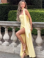 Butter Yellow Mesh Splicing Long Dress Elegant Strapless Split Backless Pleated Gowns For Women 2025 Lady Evening Party Gowns