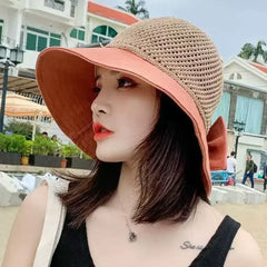 Summer Women Bucket Hat UV Protection Sun Hats Soft Foldable Wide Brim Outdoor Beach Hat Panama Cap Ponytail Cap